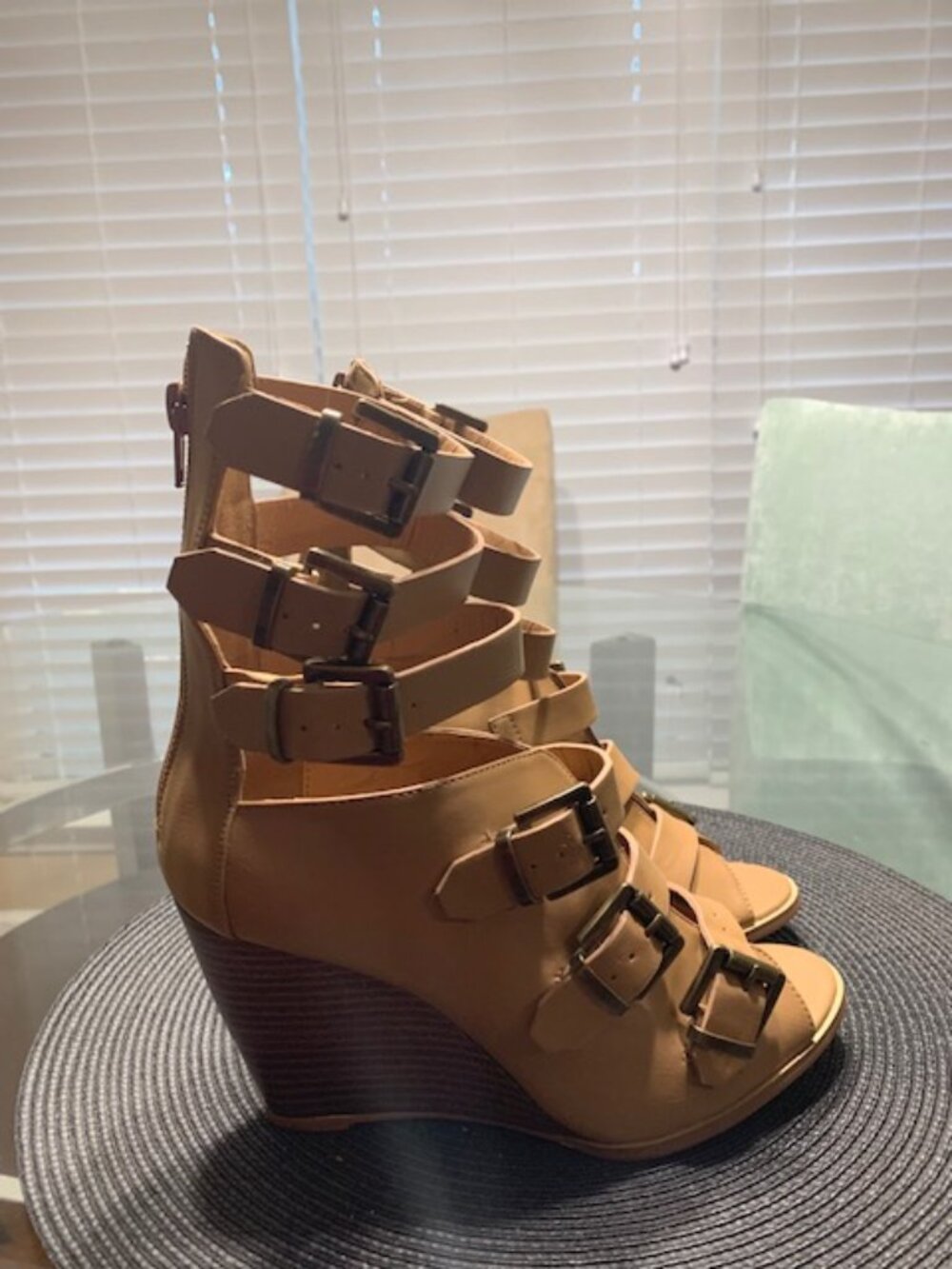 Tan Gladiator Wedge Sandals • Strappy Platform Heels • Buckle Strap Wedges